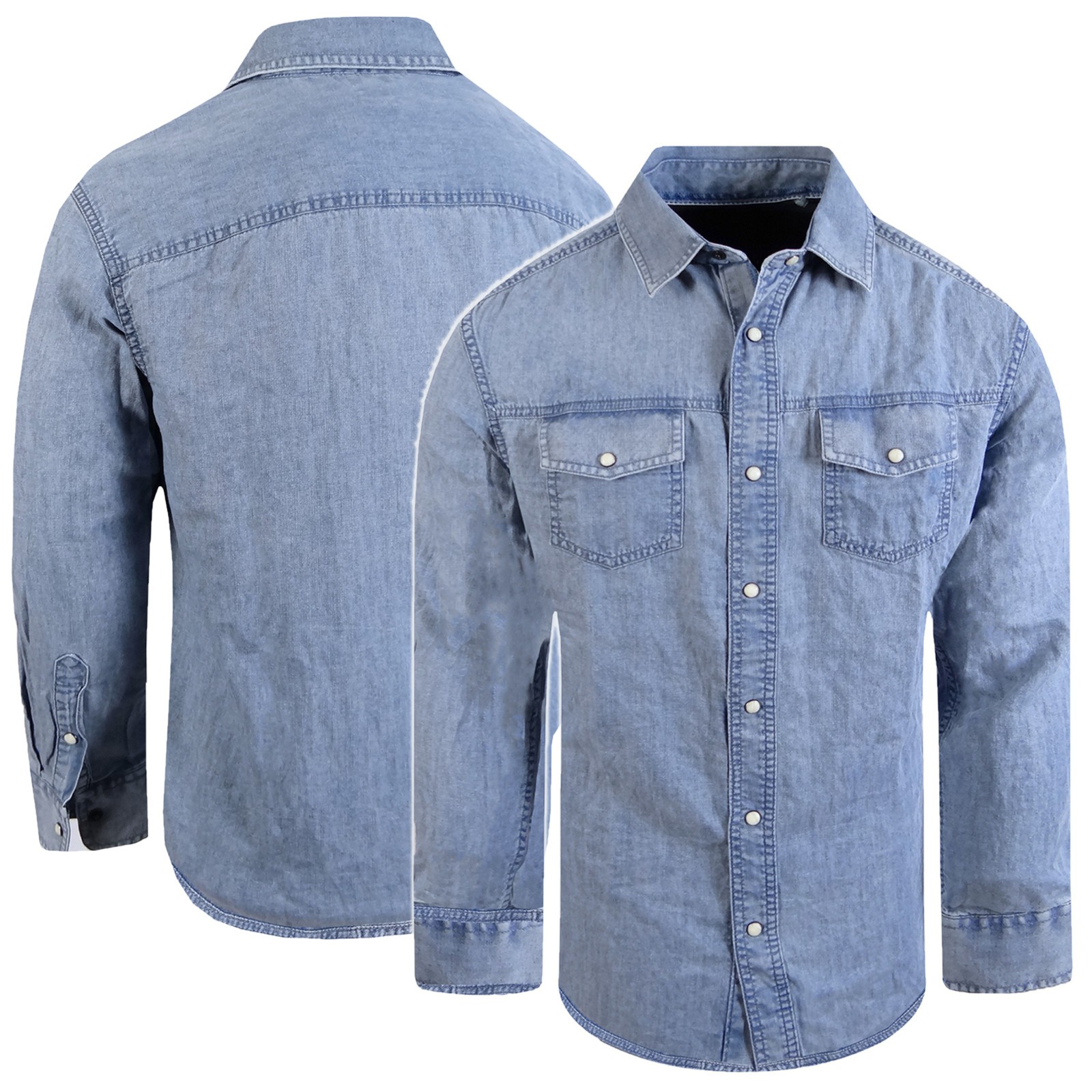 Denim Shirt Light Blue Wash Cotton Men Western Snap Pocket Flaps Matching Stitch