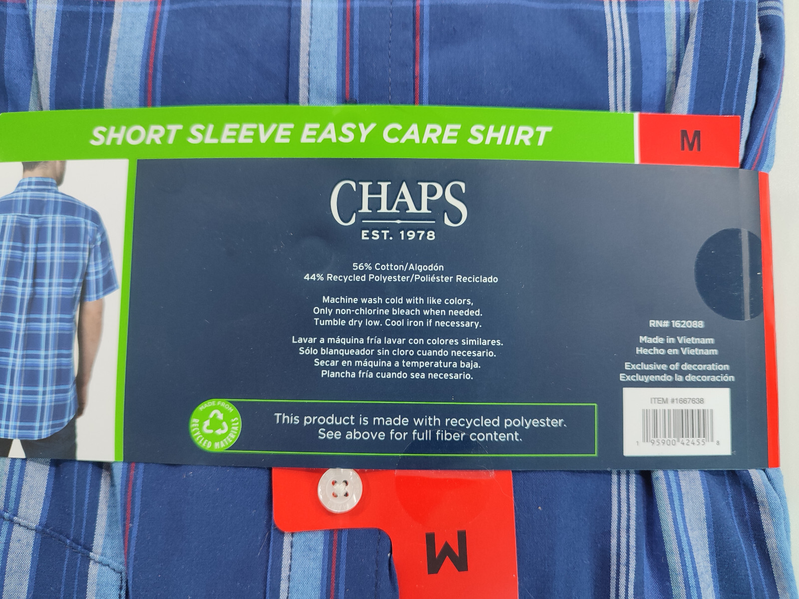 Men’s Chaps Short Sleeve Button Down Easy Care Shirt Blue Plaid Medium