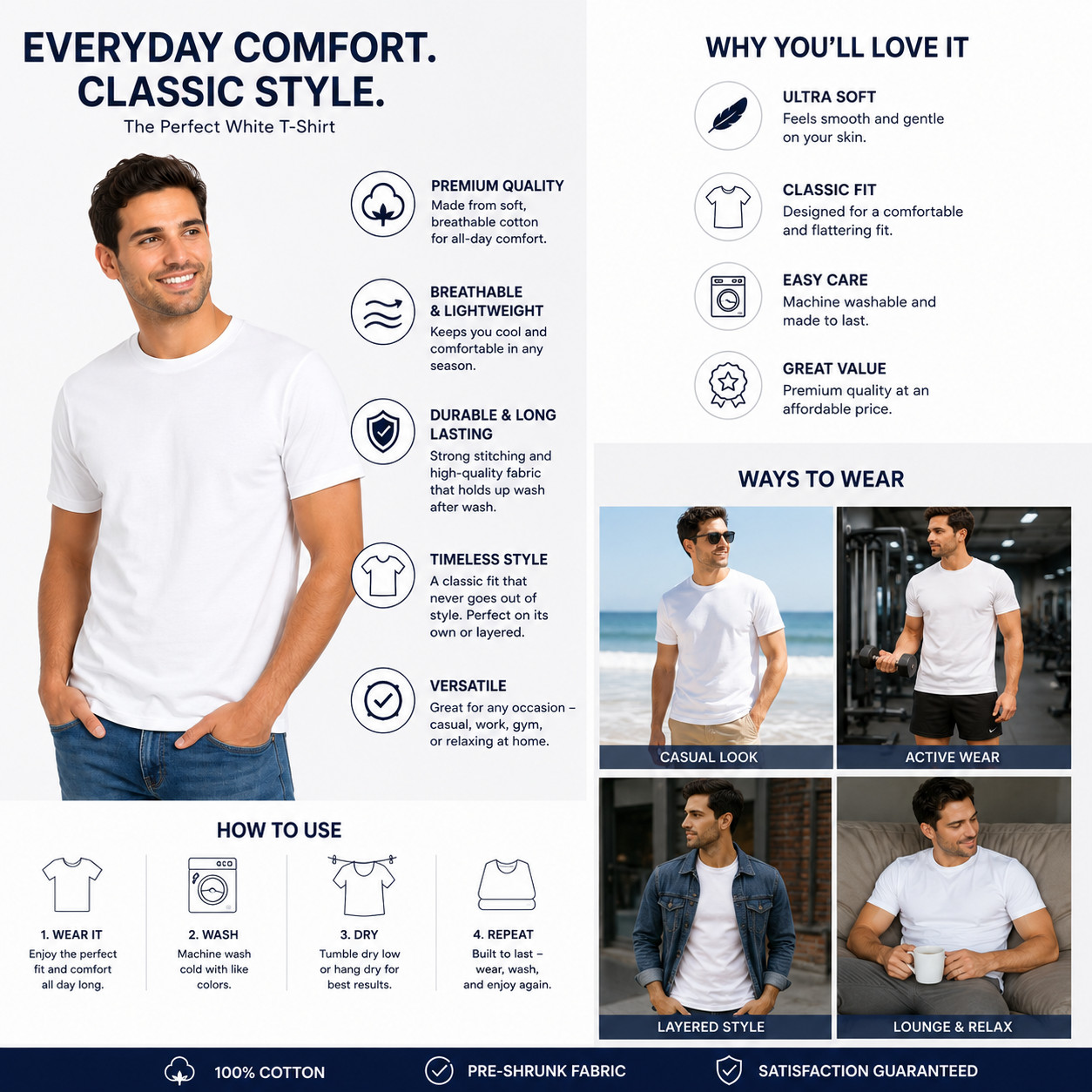 Men’s Plain White T-Shirt 100% Cotton Crew Neck Soft Short Sleeve Classic Tee L