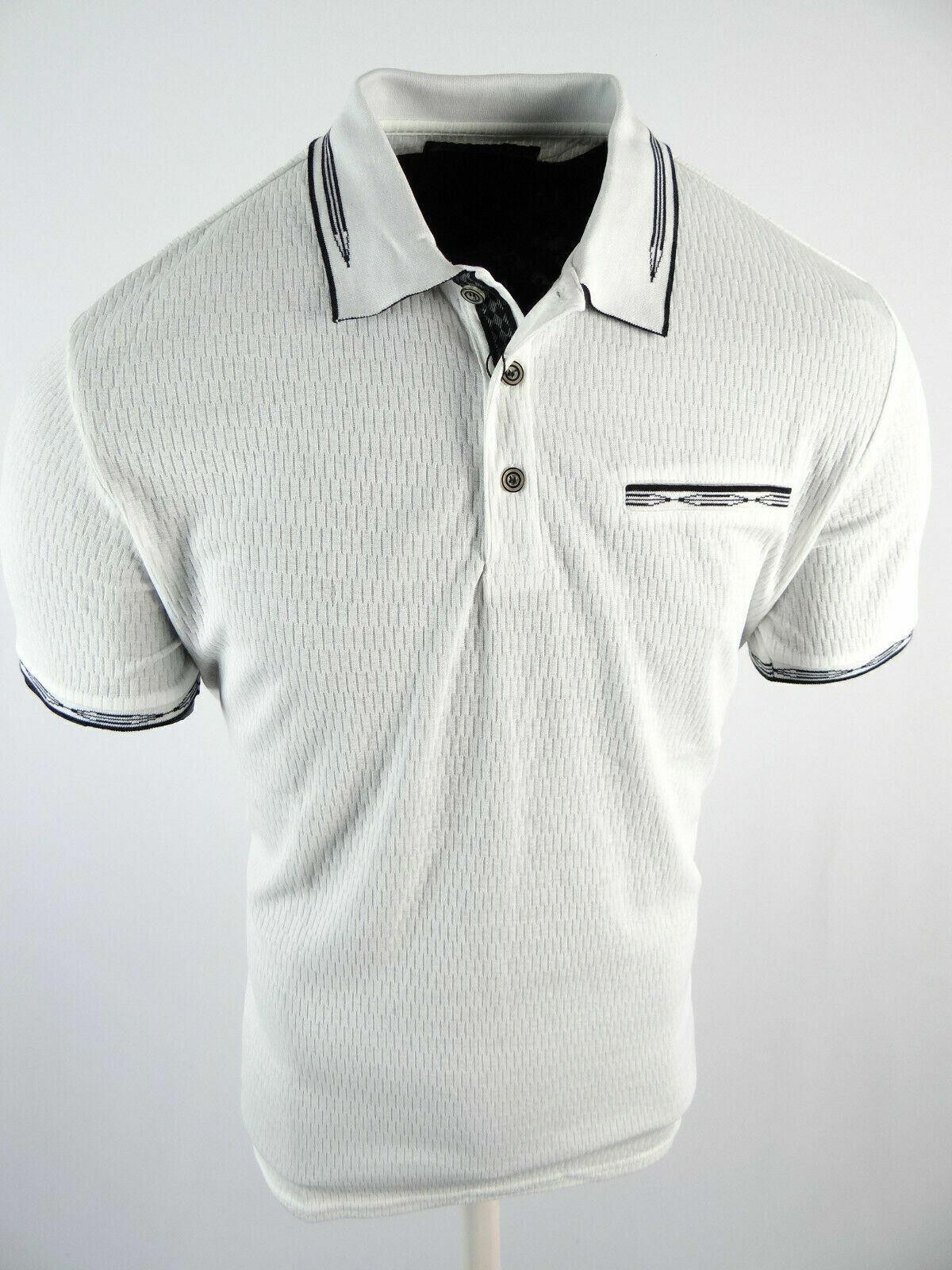 Men Polo Shirt White Stripe Jacquard Textured Tech Material Slim Fit Stretch