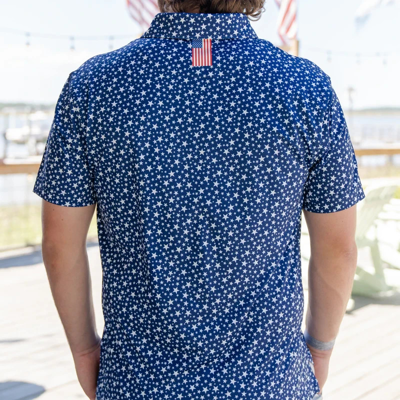 🚩 Wrinkle Free Rhoback The Stars USA Men Performance Polo Patriot Blue Size XL