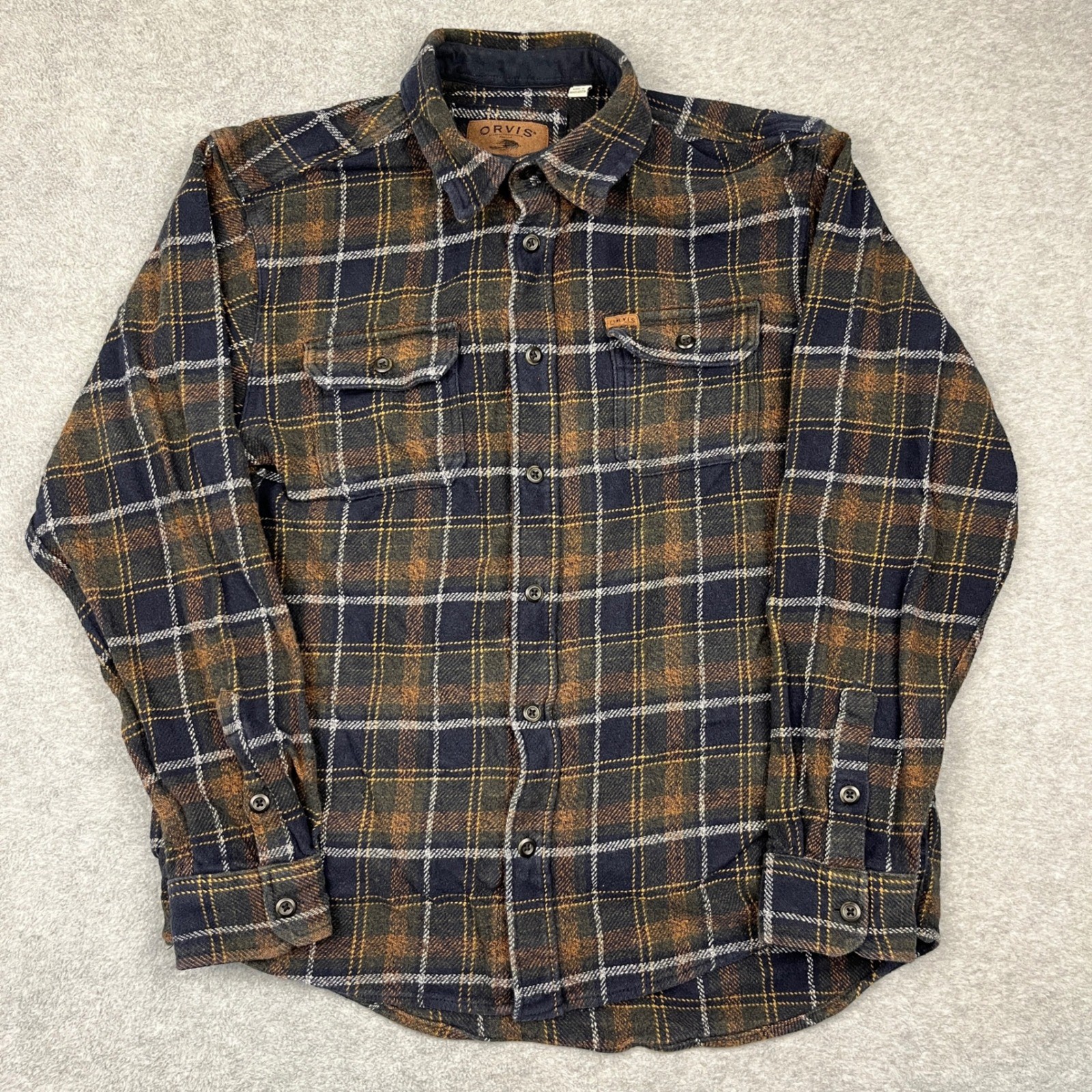 Orvis Button Down Shirt Mens Large Brown Plaid Classic Flannel Outdoor