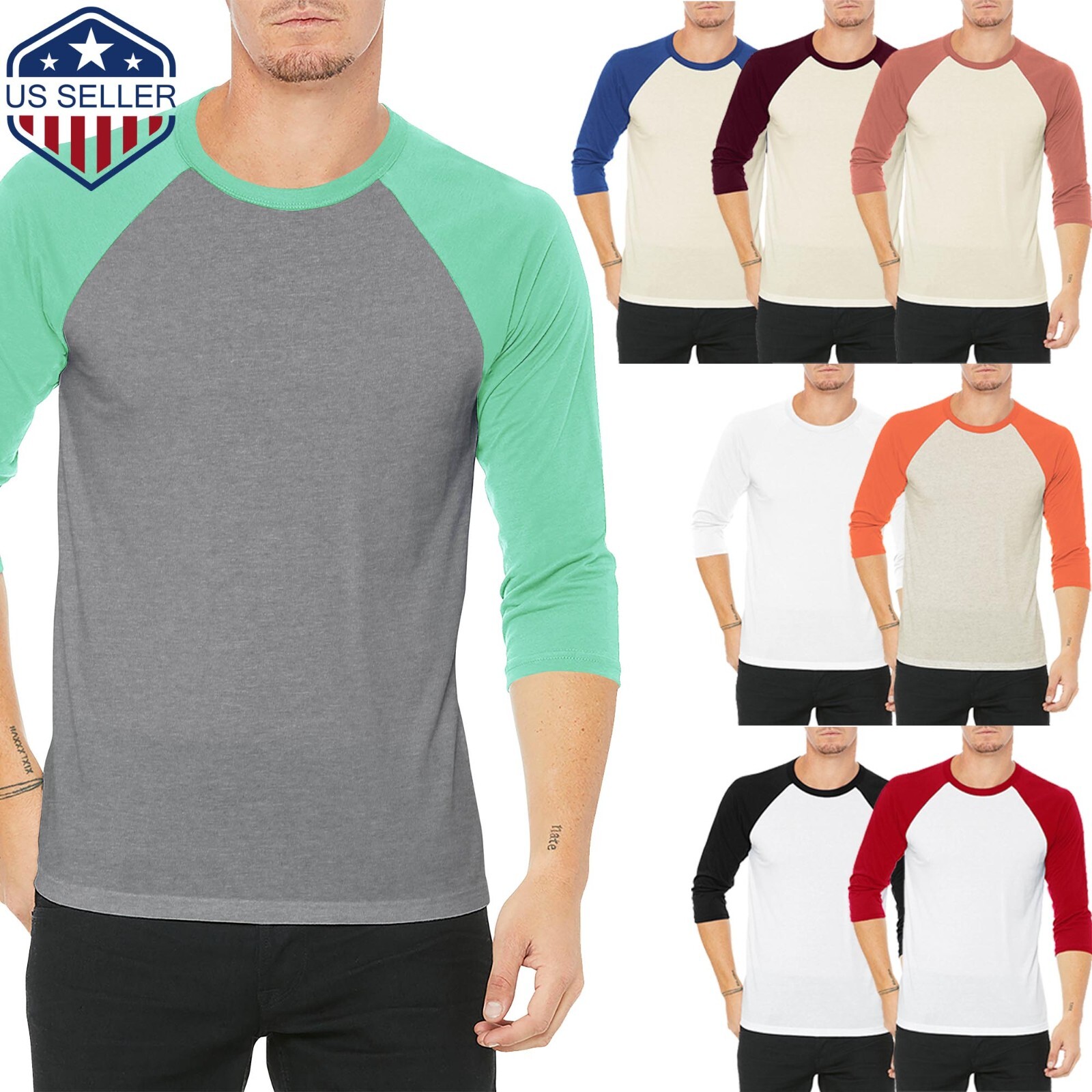 Mens Baseball RAGLAN T Shirts 3/4 Sleeve Tee Team Sport Jersey Solid Casual