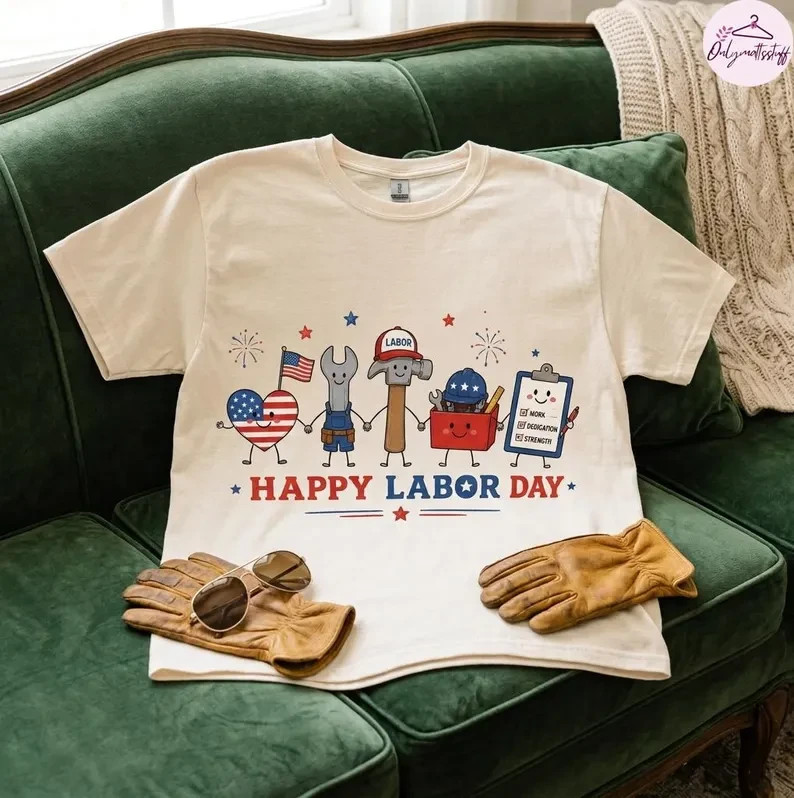 Happy Labor Day Shirt Cute Cartoon Tools Patriotic US Flag Heart Graphic T-Shirt