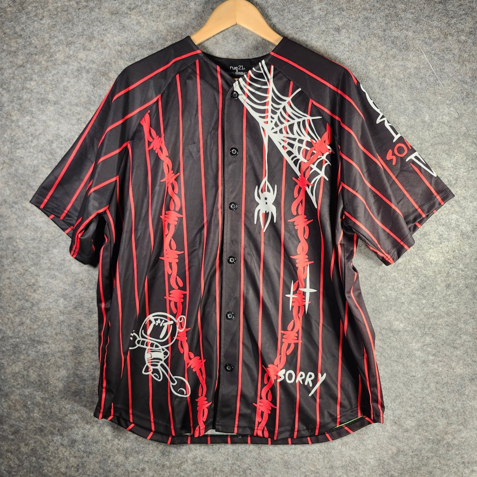 Dark Sundaze Rue 21 Men Baseball Jersey Spiderweb Astronaut Graphic Black Red XL