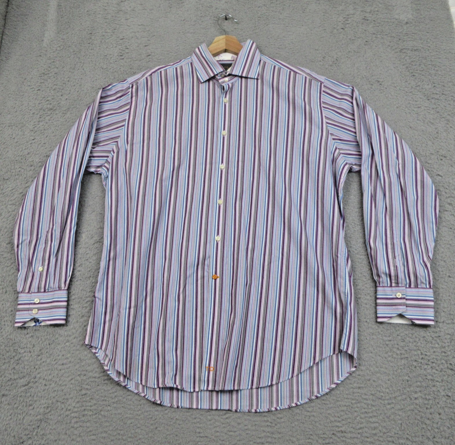 Thomas Dean Dress Shirt Mens XL Blue Purple Stripe Contrast Cuff Long Sleeve