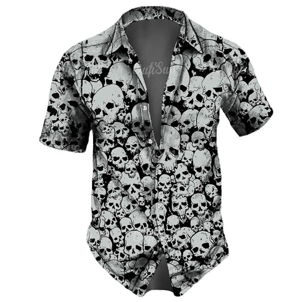 Horror Skull Pattern Digital Print Men’s HAWAIIAN Button Up Shirt Lapel Tops22