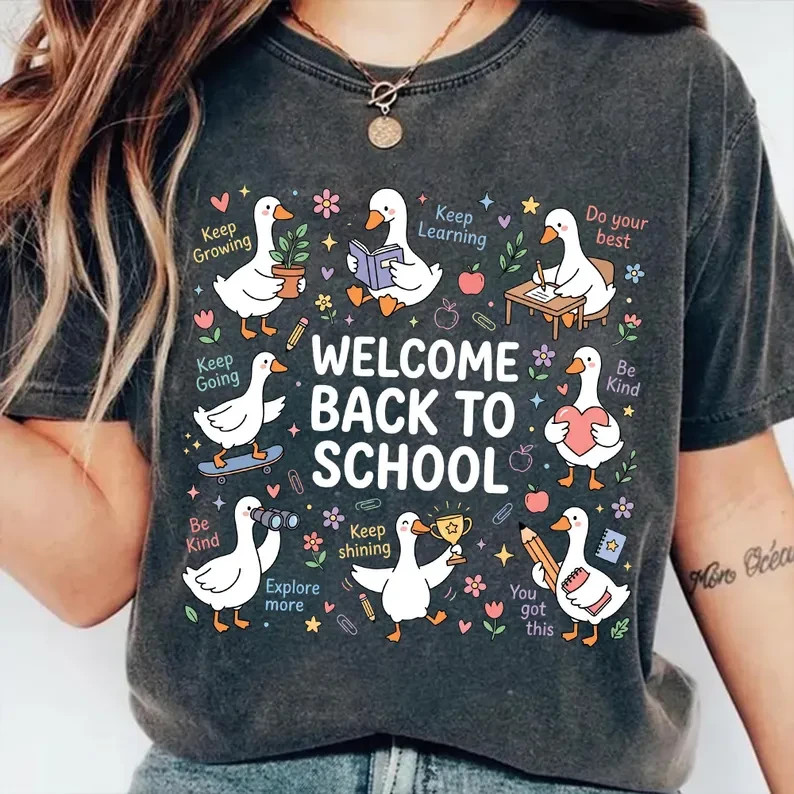 Welcome Back To School Shirt Cute Duck Goose Teacher Student Graphic T-Shirt