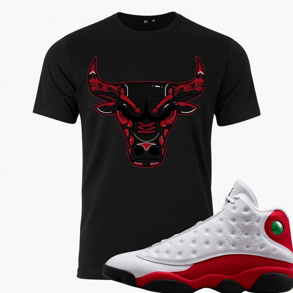 Cherry 13 Bulls Sneaker Match Double Sided T-Shirt Jordan 13 Red Graphic Tee