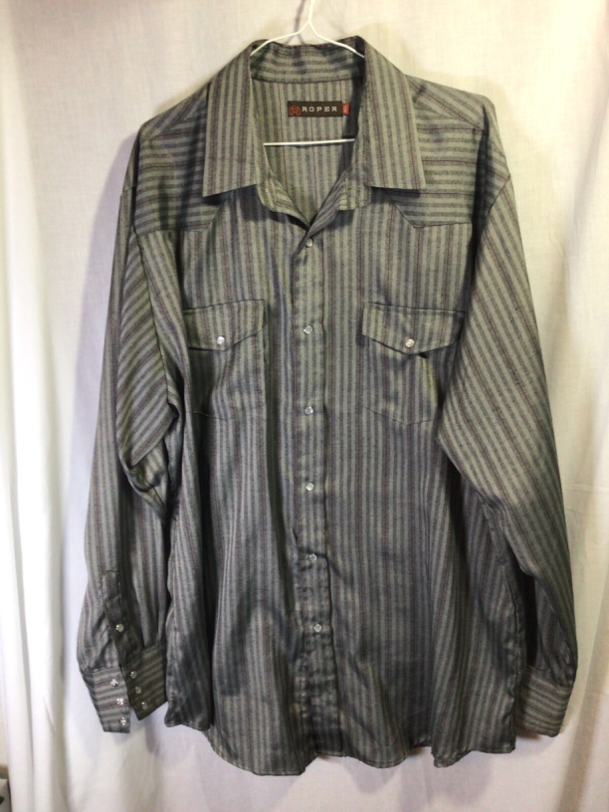 Roper Gray Stripe 2XL Long Sleeve Poly Blend Western Style Pearl Snaps Shirt B13