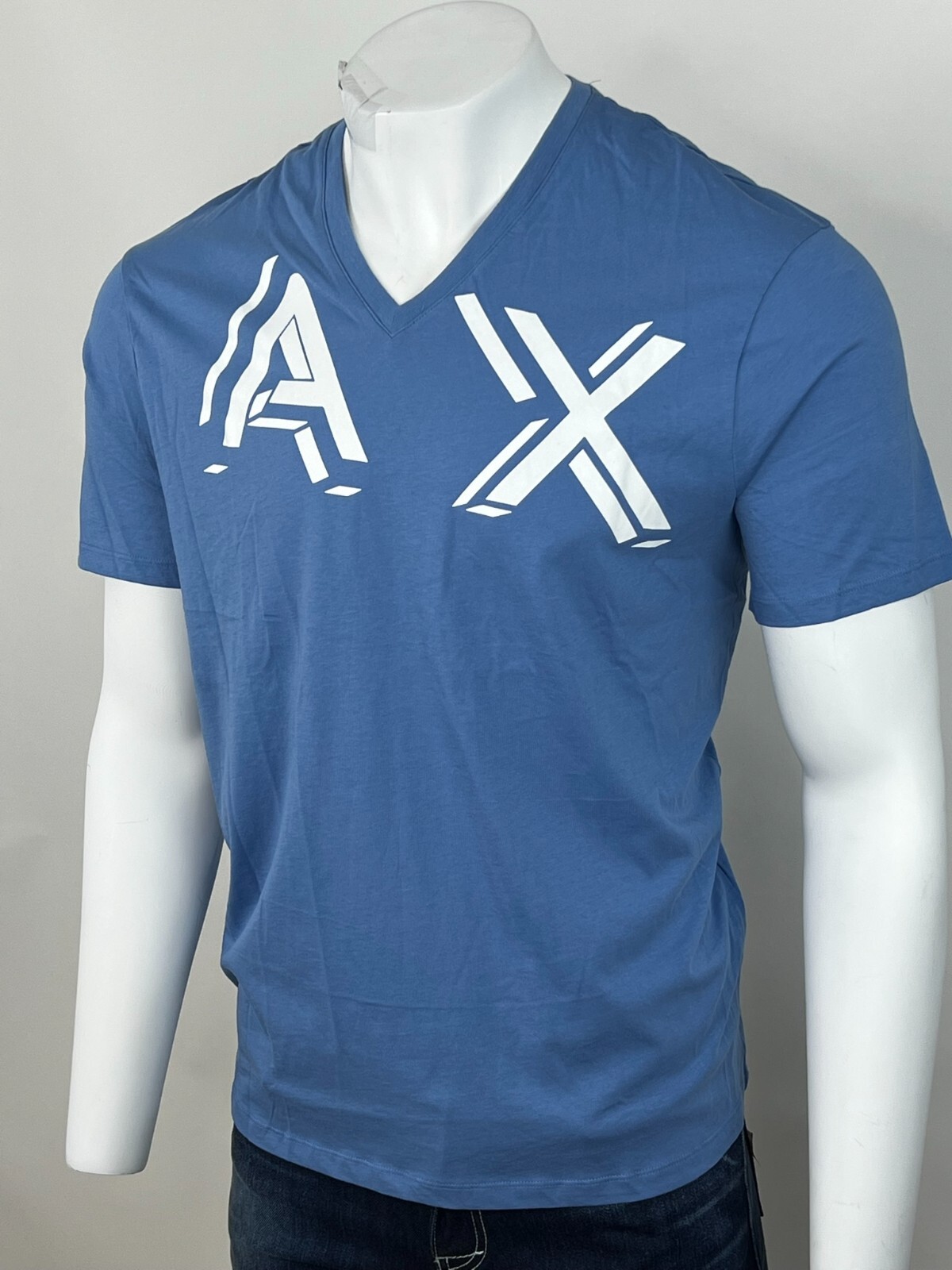 Armani Exchange Cotton Stencil Logo Regular Fit V Neck T Shirt Blue NWT