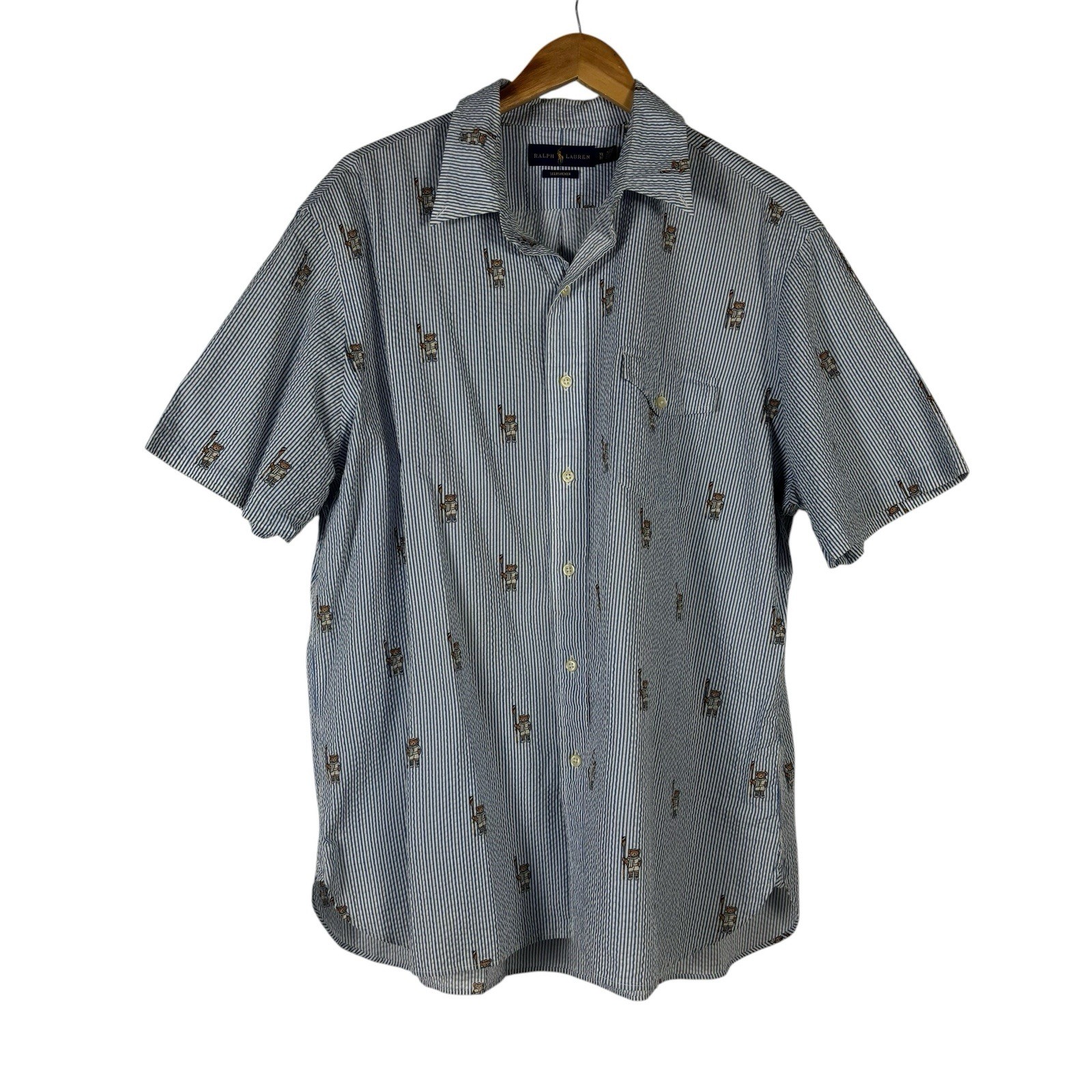 Ralph Lauren Classic Fit Striped Seersucker Boating Bear Shirt Mens XL Blue