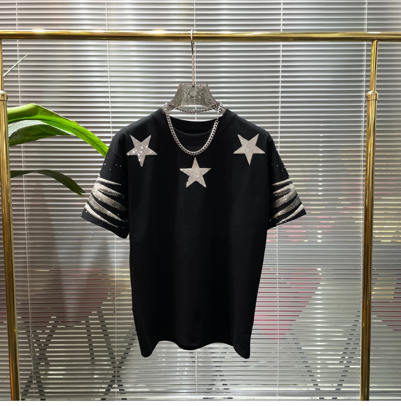 New Men Luxury Diamond Star Rhinestones Fashion Black T-Shirt High Quality