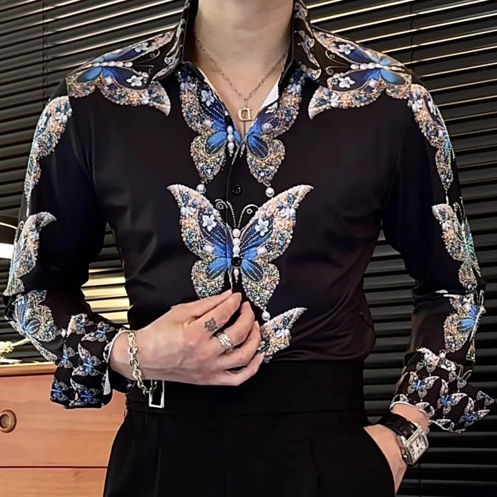 New Luxury Men Diamond Butterfly Rhinestones Button-Down Shirt High Quality