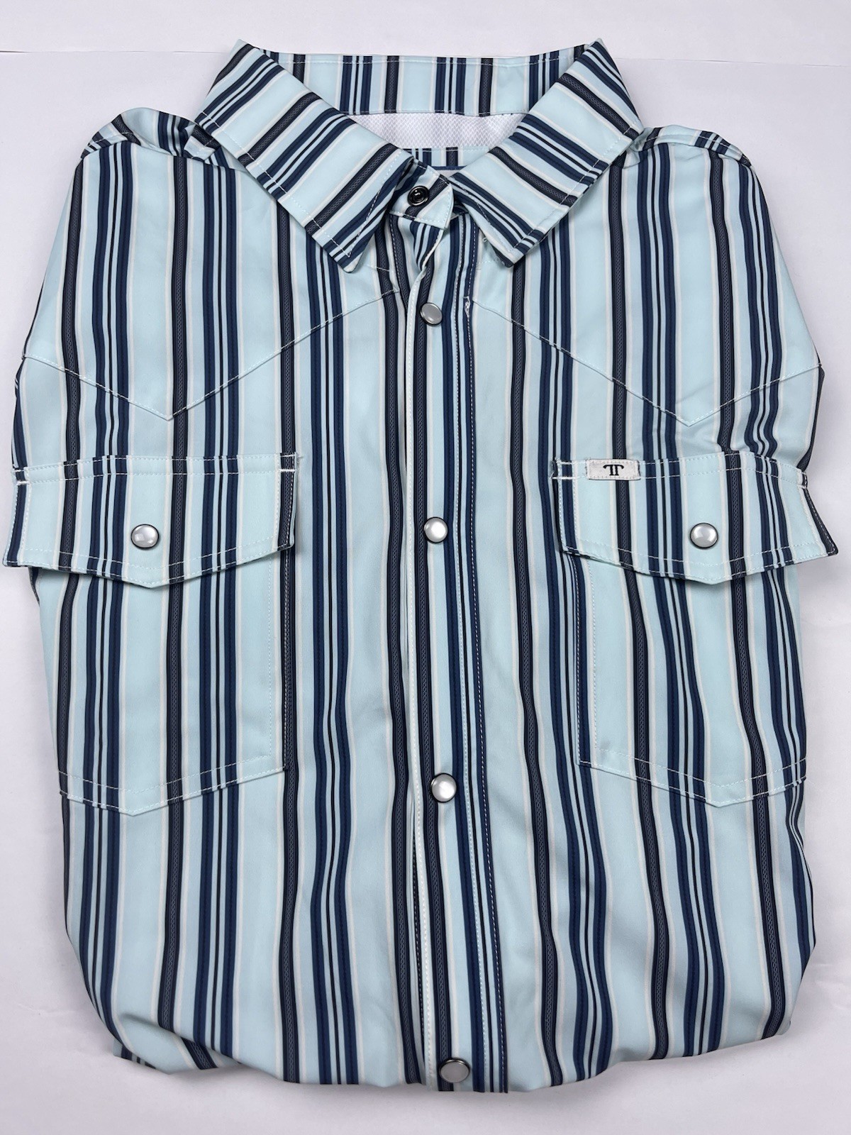 Ferrell Men’s L Woven Polyester/Spandex Button-Up Shirt Blue Striped Pockets