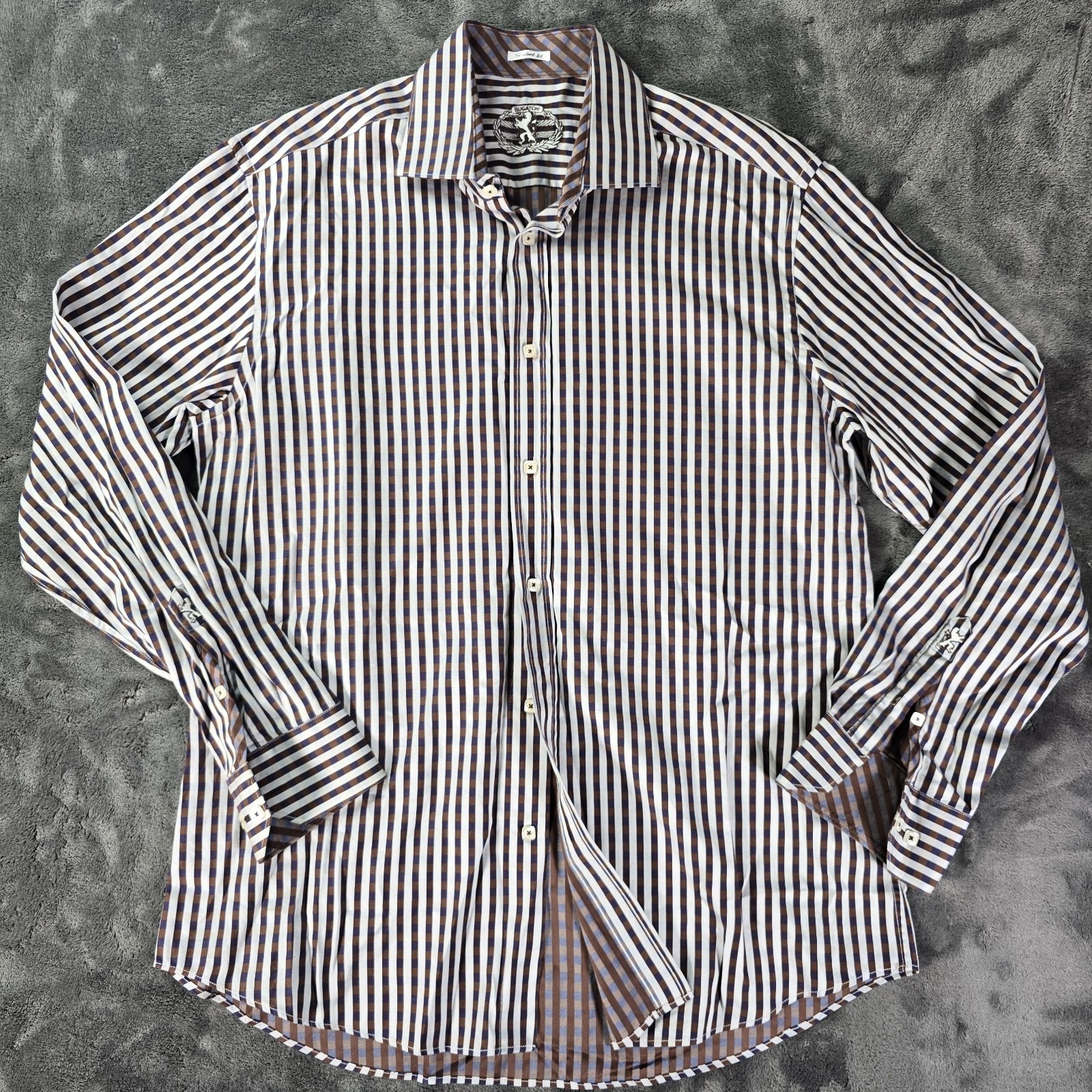 BUGATCHI UOMO Mens XL Striped Dress Shirt Long Sleeve Contrast Cuff Brown Cotton