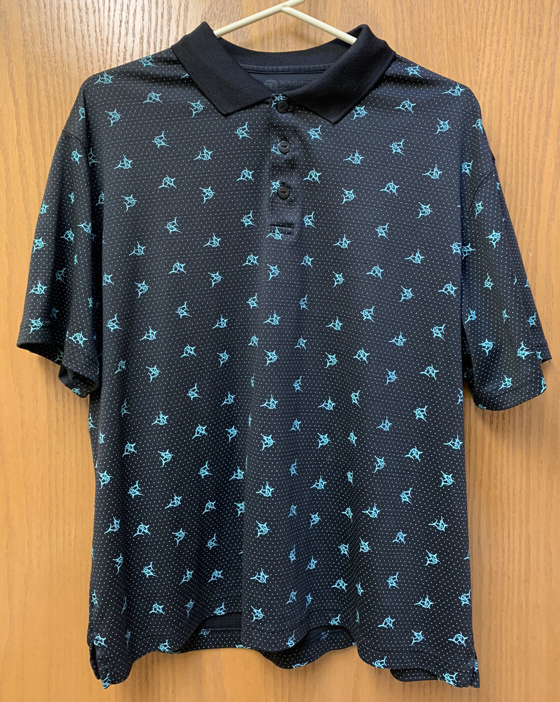 Haggar Mens L Golf Shirt Short Sleeve Black Dot And Swordfish Fabric 3 Button