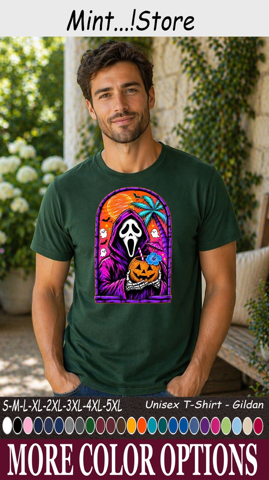 Tropical Masked Horror Halloween Shirt, Pumpkin Cocktail Unisex Tee
