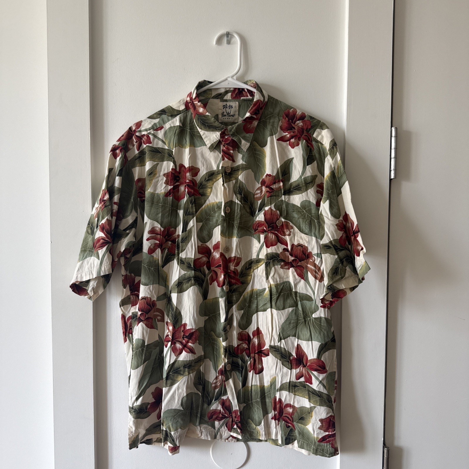 Pau Hana Hawaiian Print Shirt Aloha Green Red Floral Cotton Size Large