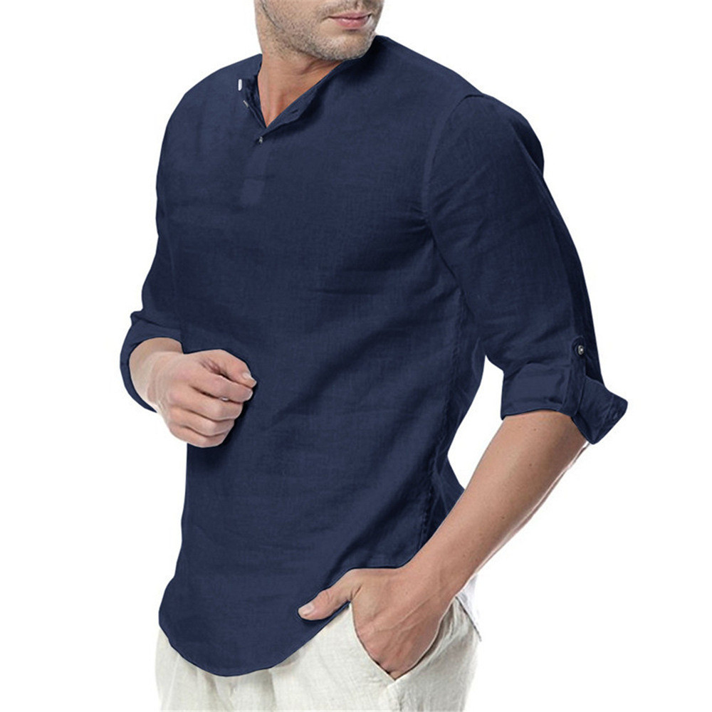 Solid Color Men’s Casual Loose Fitting Comfortable Standing Collar Shirt