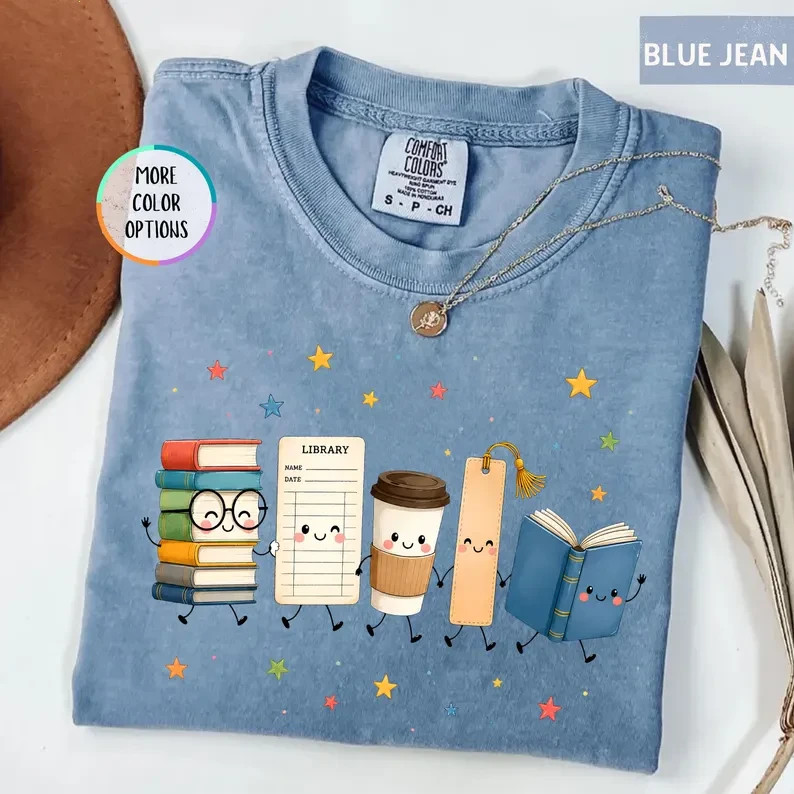 Book Lover T-Shirt Cute Reading Books Coffee Graphic Tee Librarian Teacher Gift