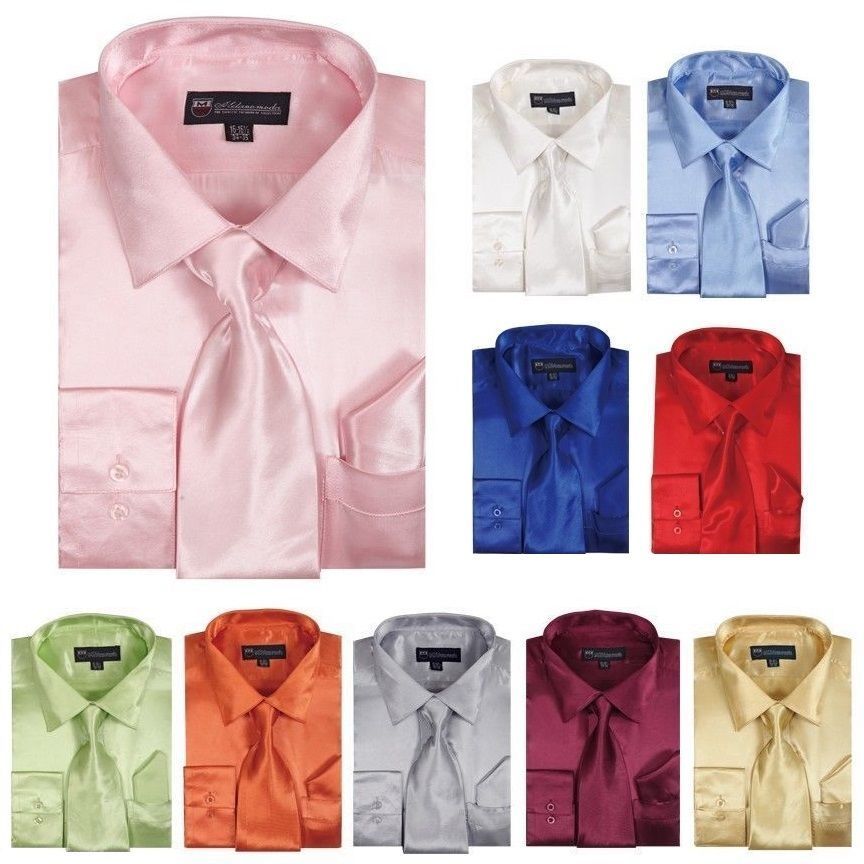 Men’s Shiny Satin Polyester Formal Dress Shirt w/ Tie and Hanky Set #08 Solid
