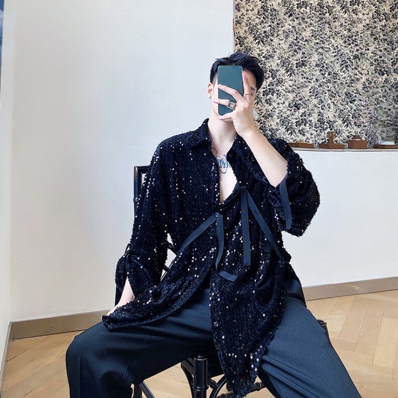 Men Sequined Velvet Button Shirt Long Sleeve Strap Glitter Nightclub Performance