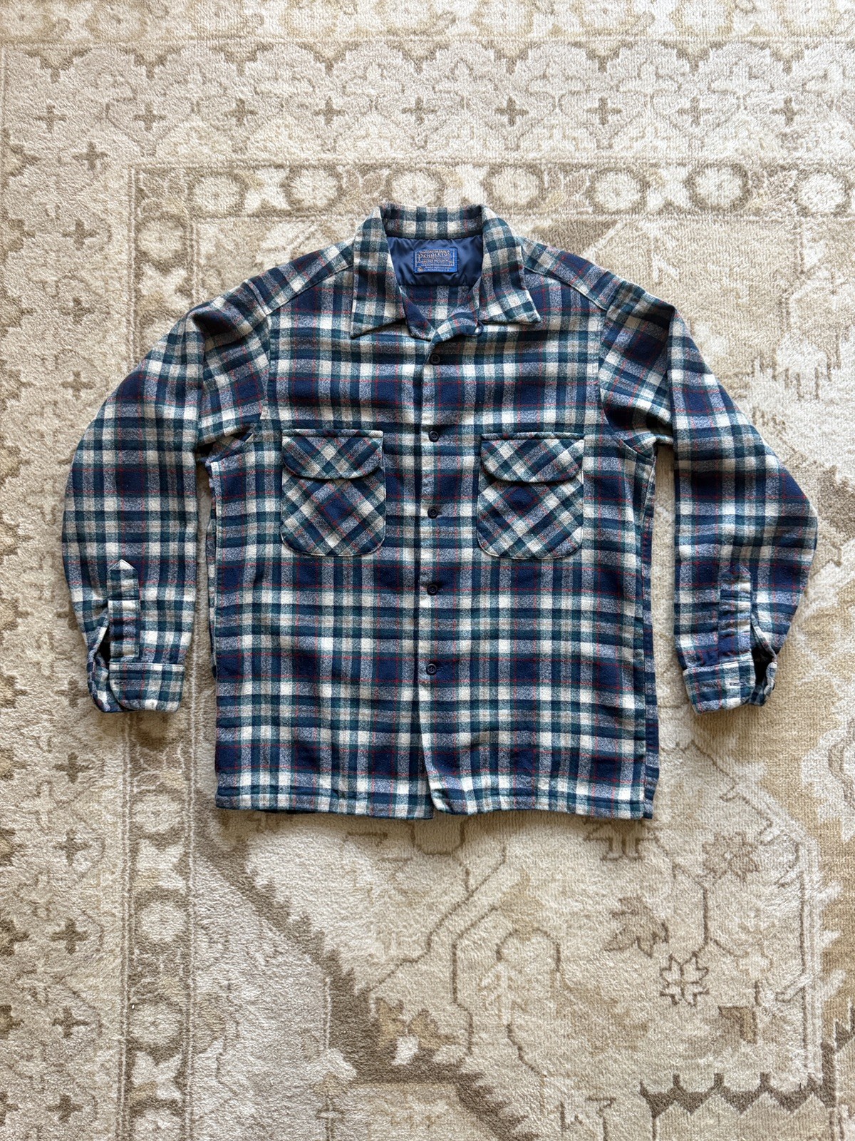 Vintage 60s 70s PENDLETON Board Shirt Plaid Wool Loop Collar Flap Pocket Large