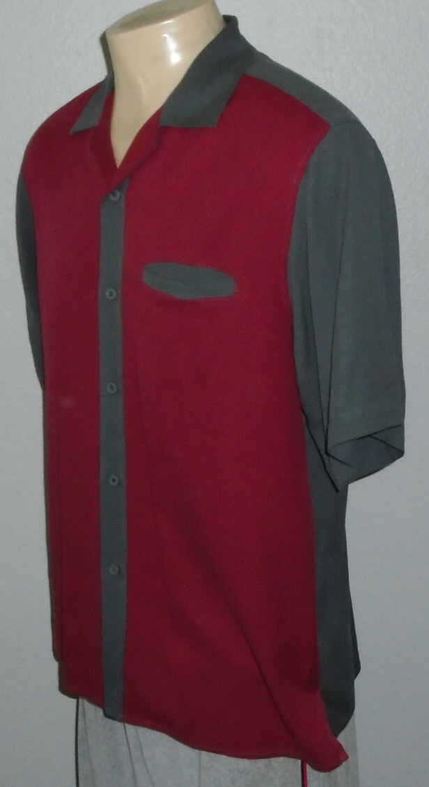 Retro Hipster Swing Lounge Rockabilly 100% Silk Button Front 2-Tone Shirt Men L