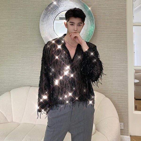 New Men Party Tassel Glitter Sequins Shirts Long Sleeve Youth Loose Tie Shirt