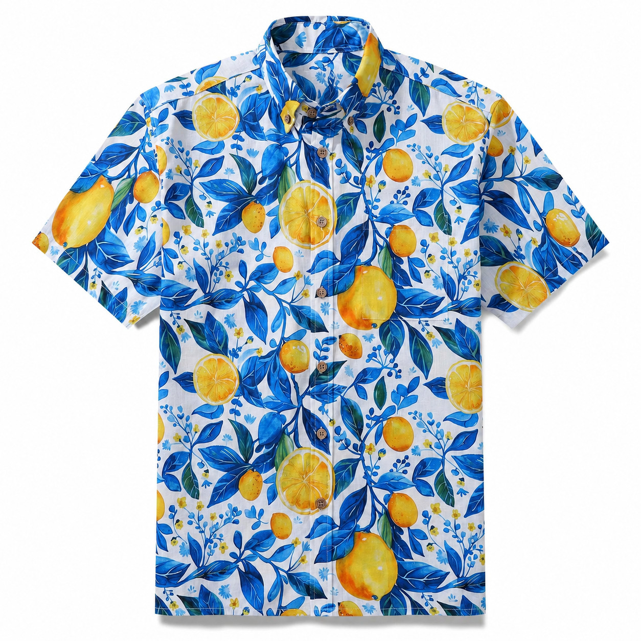 Lemon Hawaiian Shirt Men Citrus Fruit Blue Leaf Summer Beach Casual Aloha Shirt