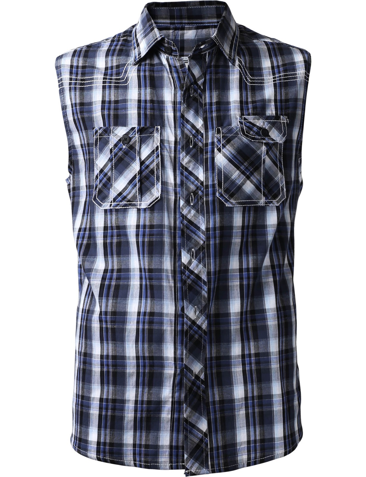 Mens Sleeveless Dress Shirts Button Down Slim Fit Casual Plaid Checker Flannel