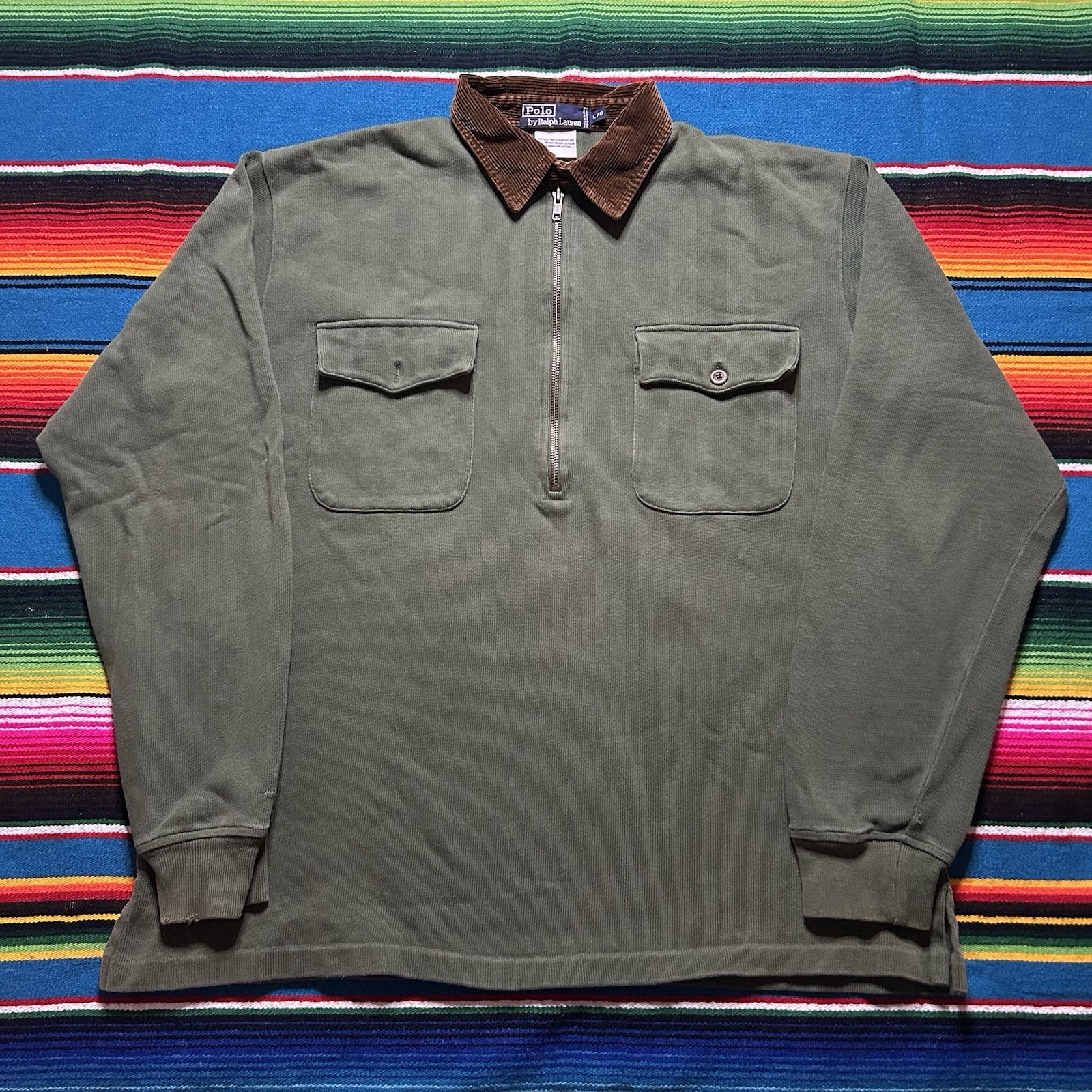 Polo Ralph Lauren 1/2 Zip Rugby Shirt Large Corduroy Collar Long Sleeve Pockets