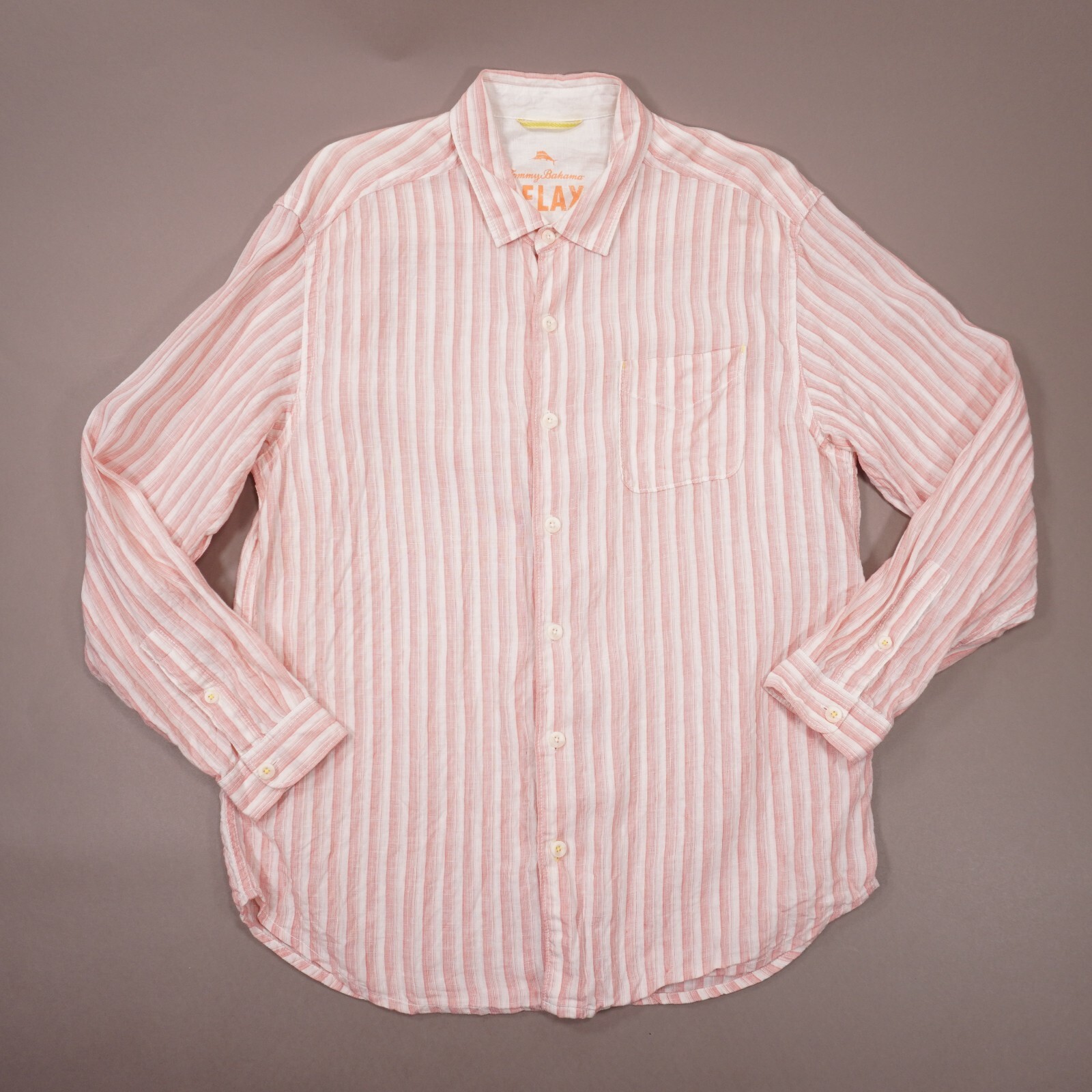 Tommy Bahama Relax Stripe Shirt 100% Linen Mens Large Pink White Long Sleeve