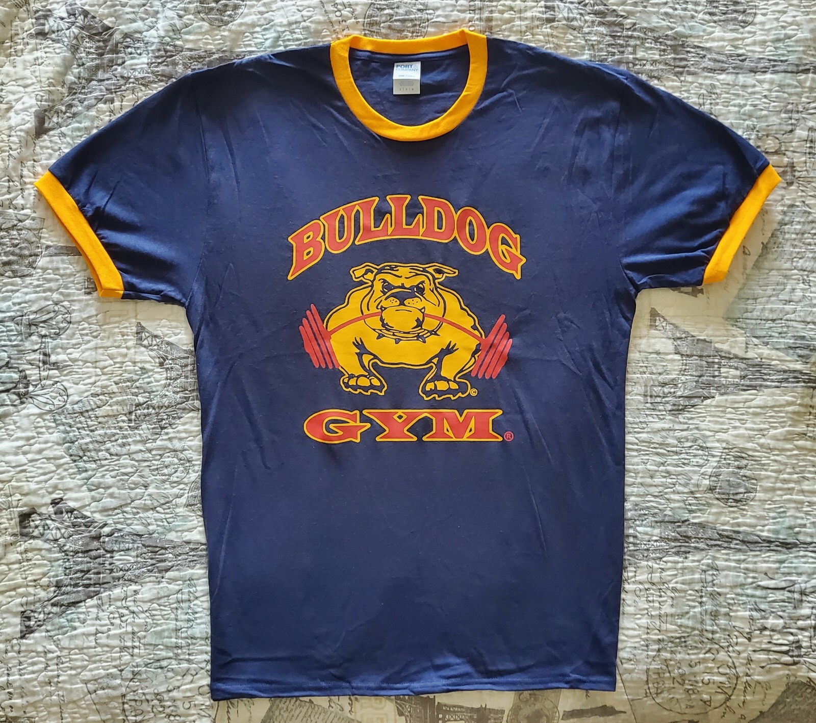 Bulldog Gym Old School Bodybuilding Workout Muscle Navy / Gold Ringer T-Shirt