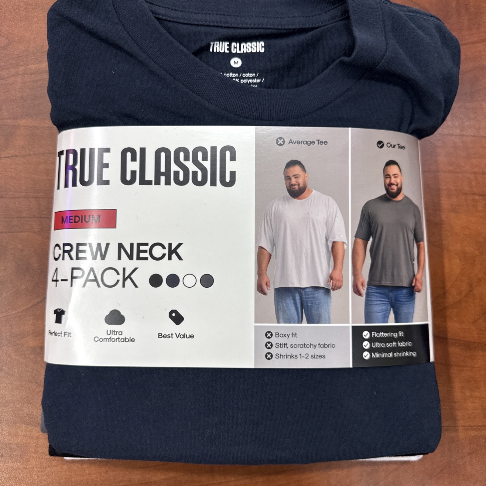 True Classic 4 Pack Crew Neck Size M – Black/White/Navy/Carbon