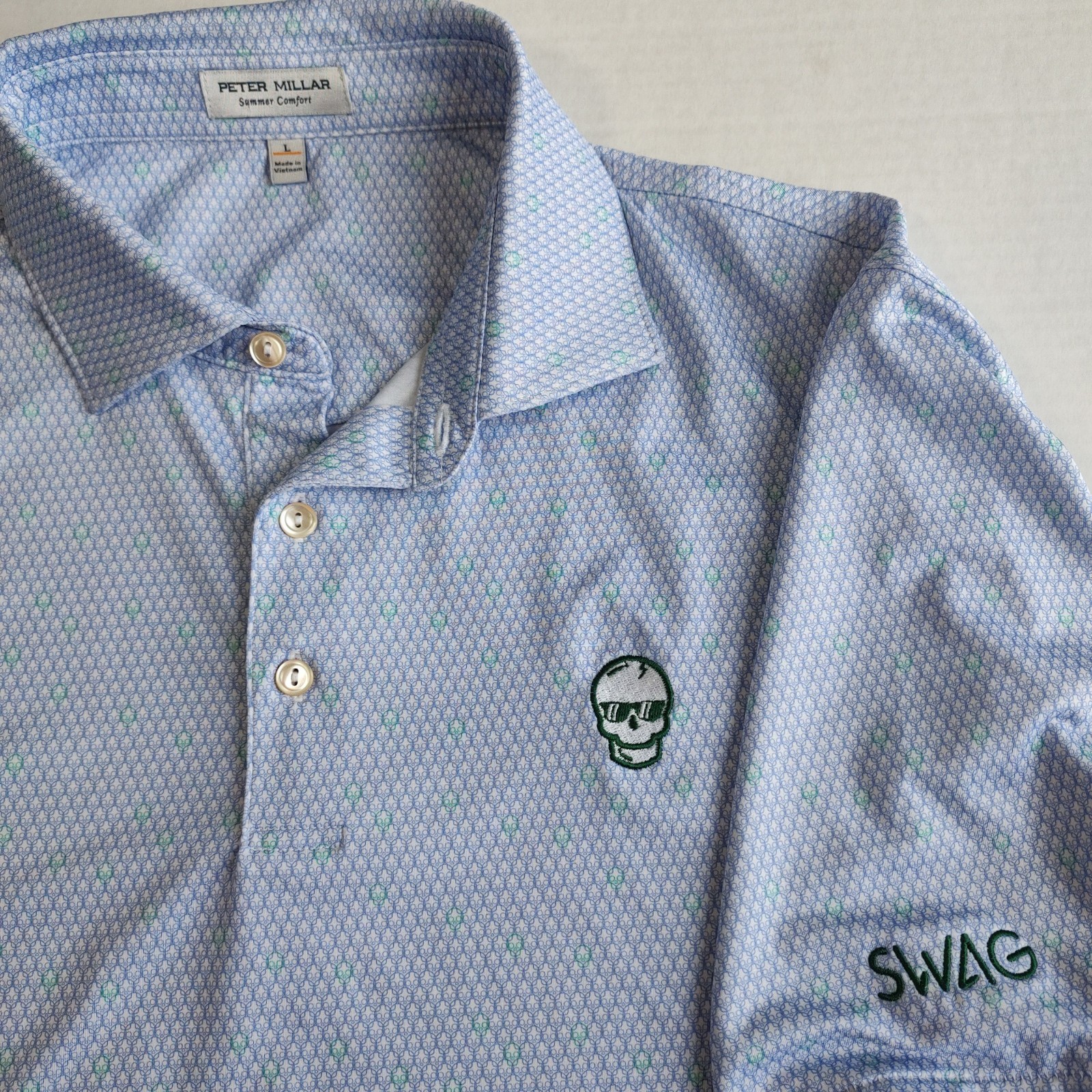 Peter Millar Summer Comfort Swag Golf Geo Skull Polo Shirt Mens L Blue Stretch