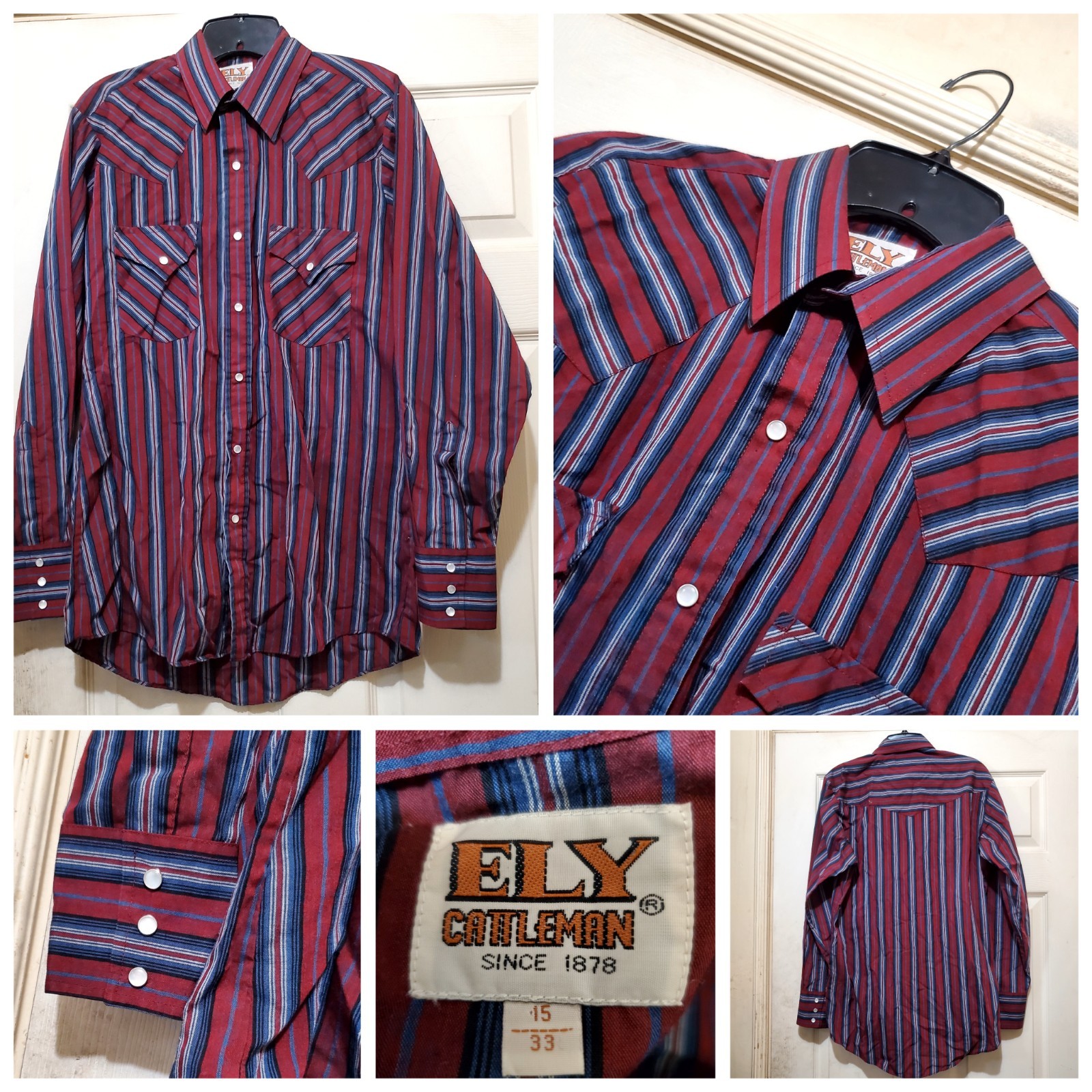 Ely Cattleman Shirt Mens 15 33 Fits Med Red Blue Plaid Western Pearl Snap Cowboy