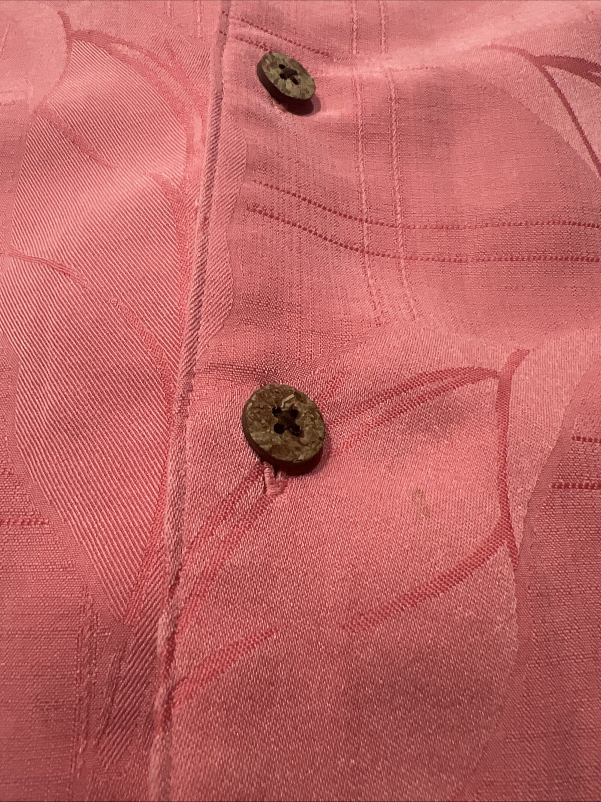 Caribbean Textured Leaf Pattern Coral Pink Short Sleeve Button Shirt Mens Sz XL