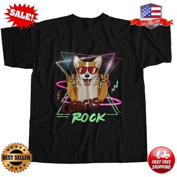 Womens Loose Fit Corgis Rock 80’s Retro Dog T-Shirt