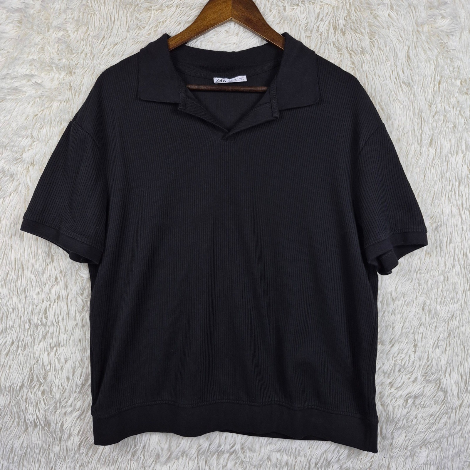 Zara Mens Black Ribbed Knit Short Sleeve Open Collar Polo Shirt XL