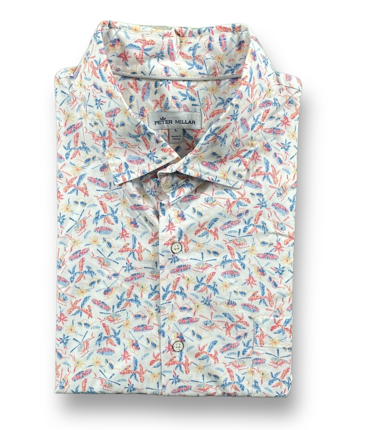 Peter Millar Oahu Stretch S/S Button Front Shirt Helicopter Cars AOP Mens L EUC
