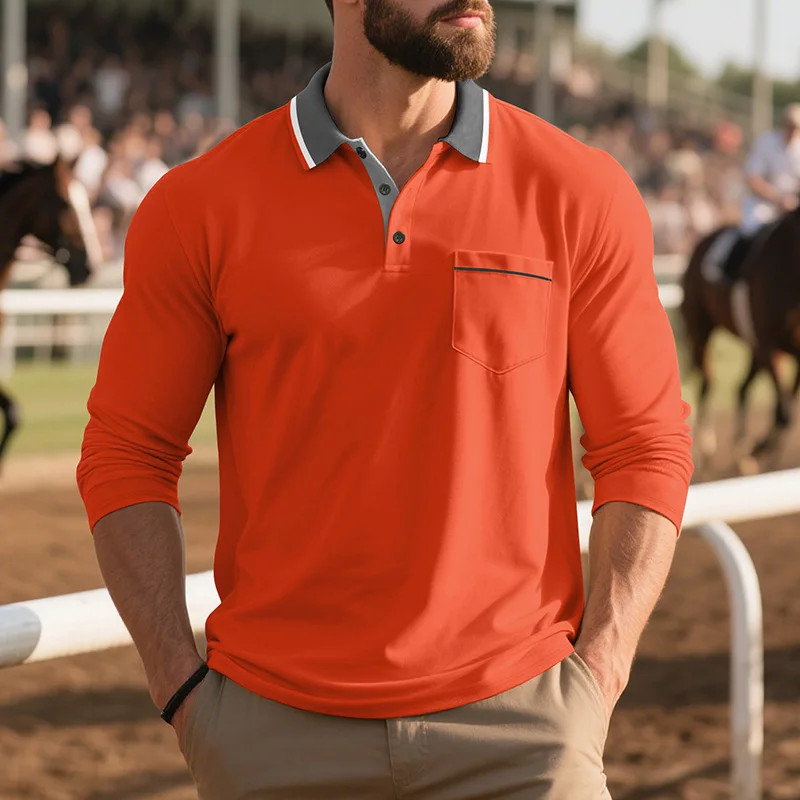 2025 spring autumn New Men’s pure color casual Pocket Turn-Down Collar splicing