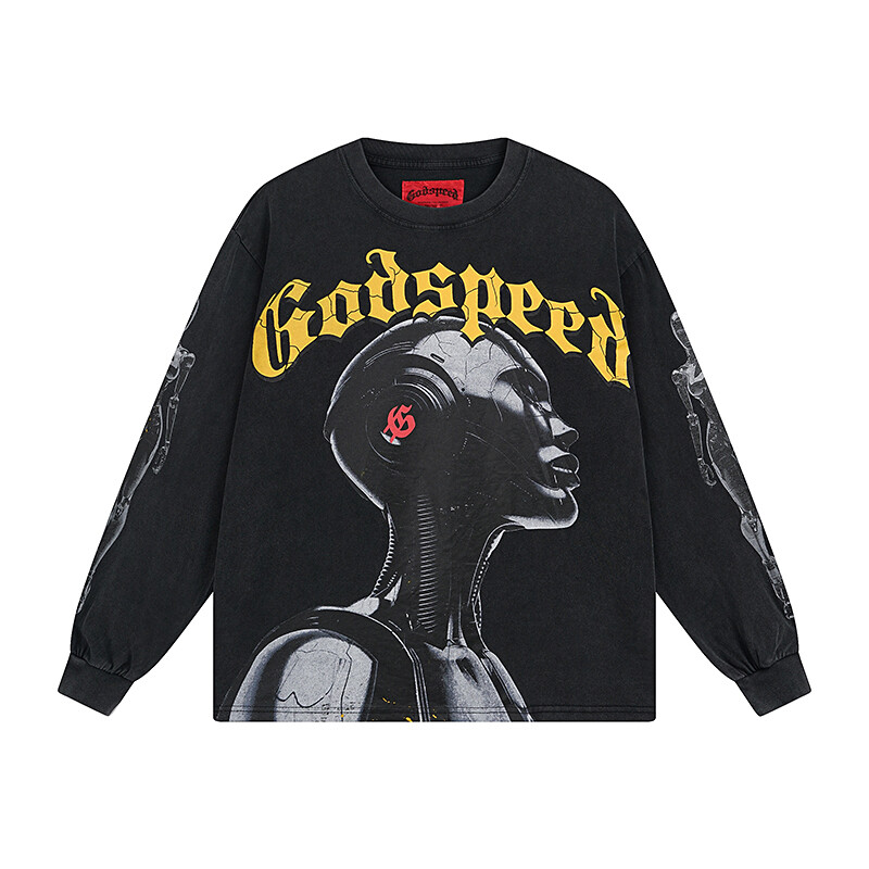 NEW Godspeed Rock Street Print Logo tee men’s washed Long sleeved T-shirt