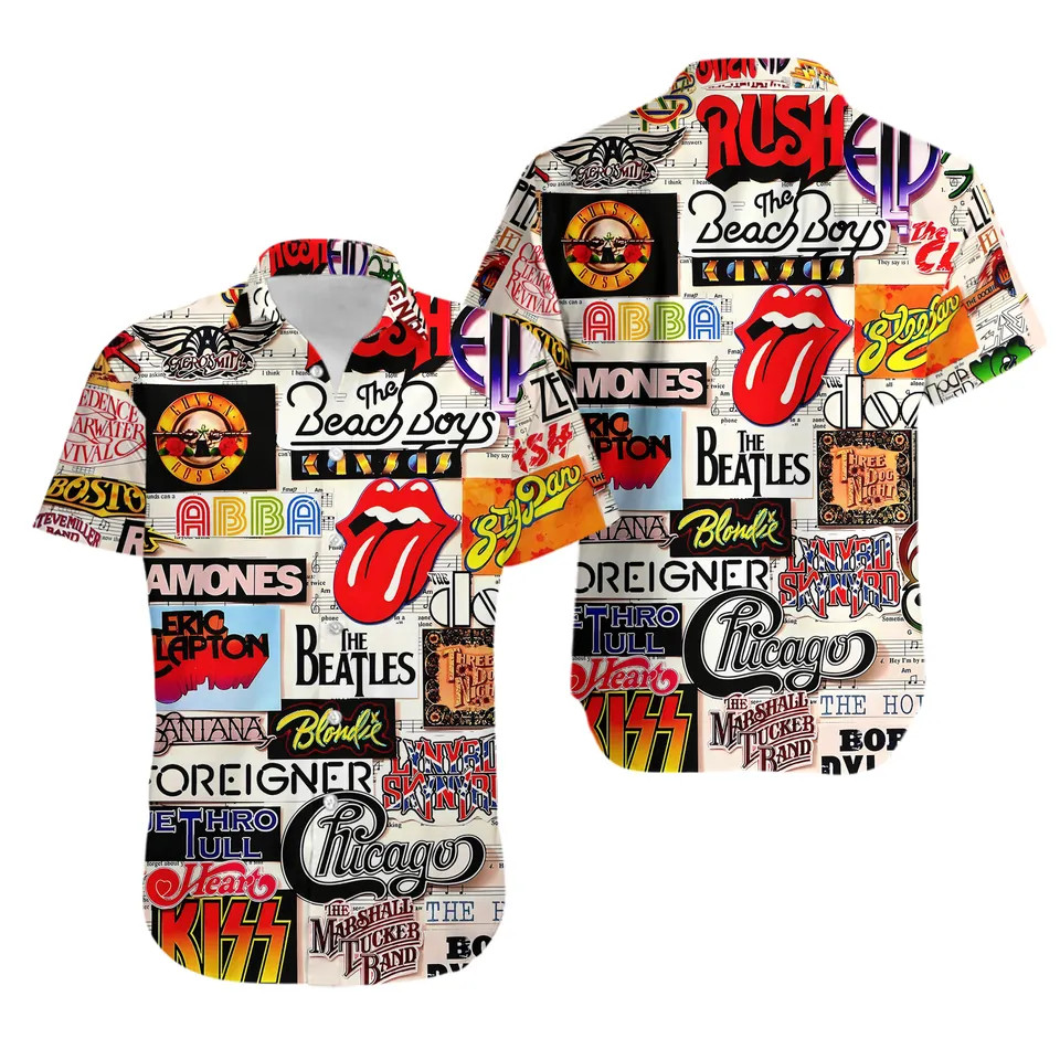 Classic Rock Band Logo Hawaiian Shirt Retro 80s Music Fan Summer Beach Top