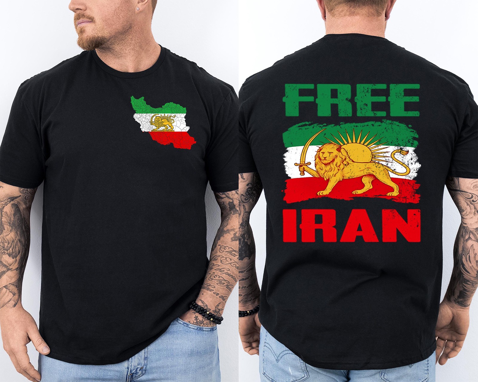 Iran Flag with Lion and Sun Emblem, FREE IRAN , Persian Heritage 2 Sided Tee