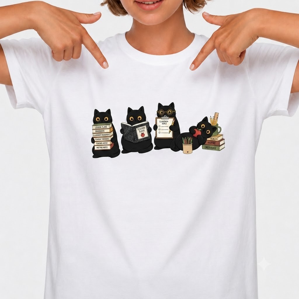 Black Cat Teacher Shirt Funny Back to School Cute Teacher Appreciation Gift Tee