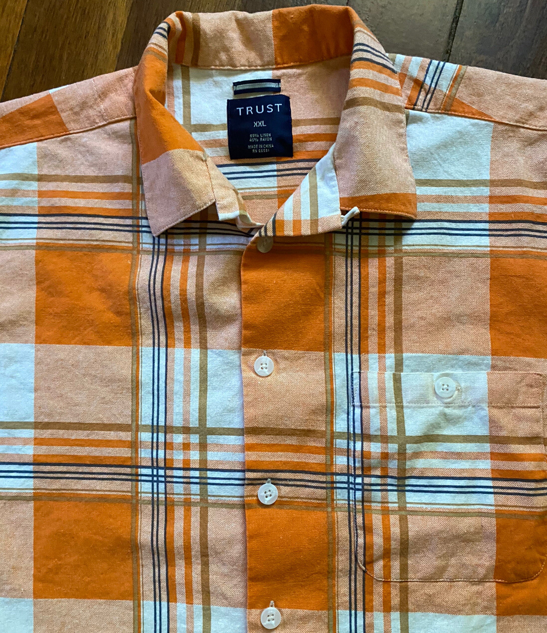 Linen & Rayon Shirt Orange & White Plaid Men’s Sz XXL S/S Machine Wash by Trust