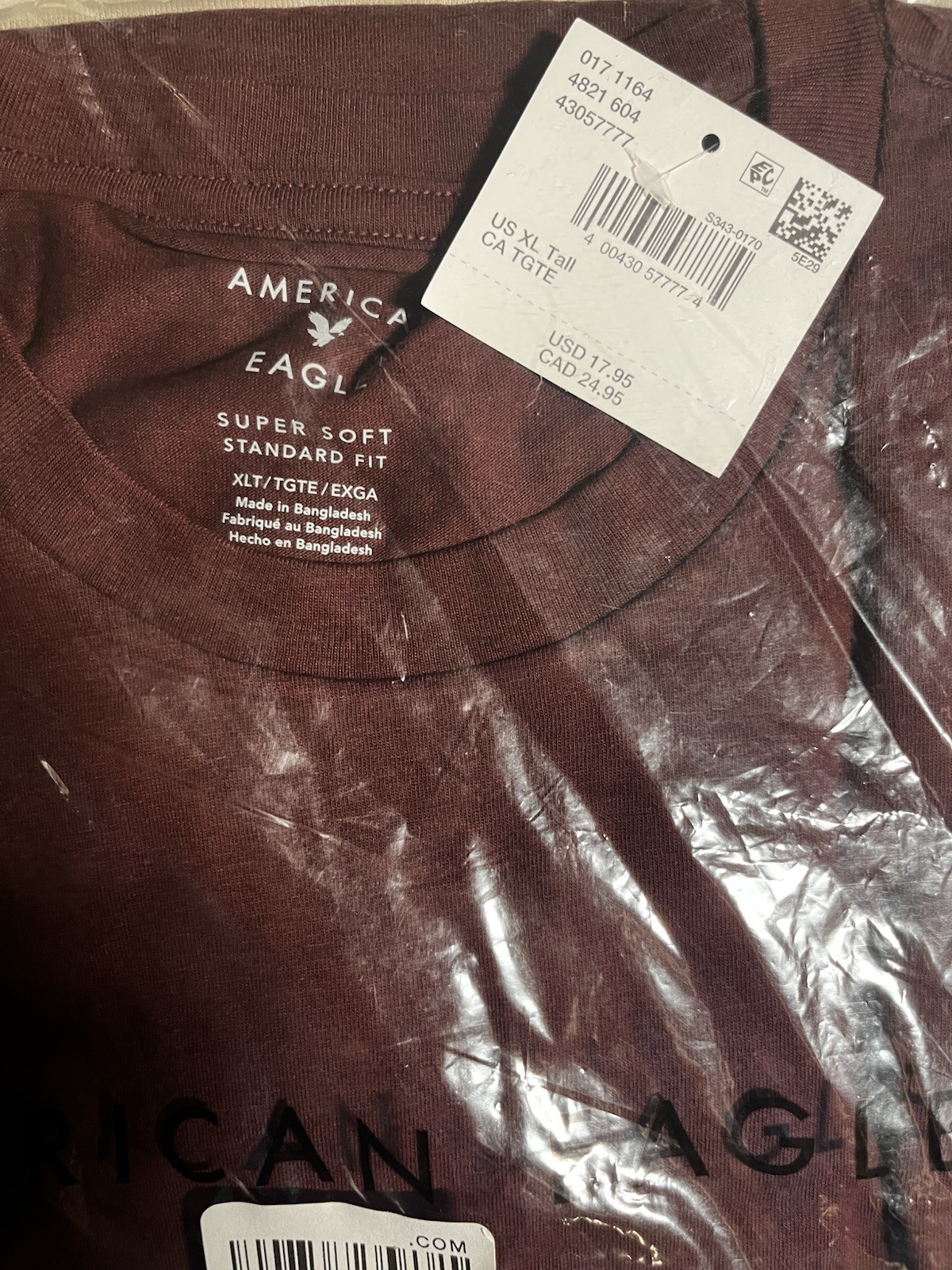 American Eagle Super Soft Standard Fit T-Shirt Burgundy XL Tall NWT Crew Neck