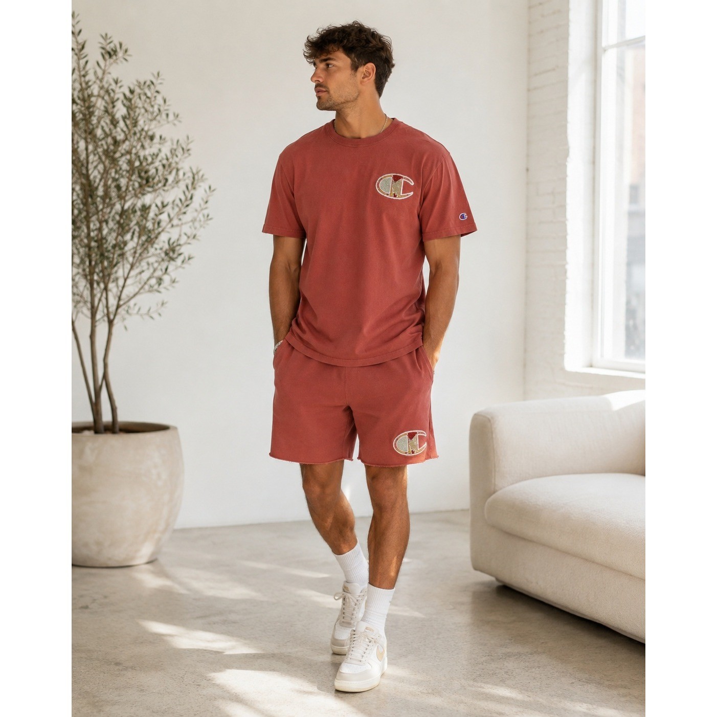 Champion Rust Terra Cotta 2pc T-Shirt Shorts Set Chenille Logo M Streetwear